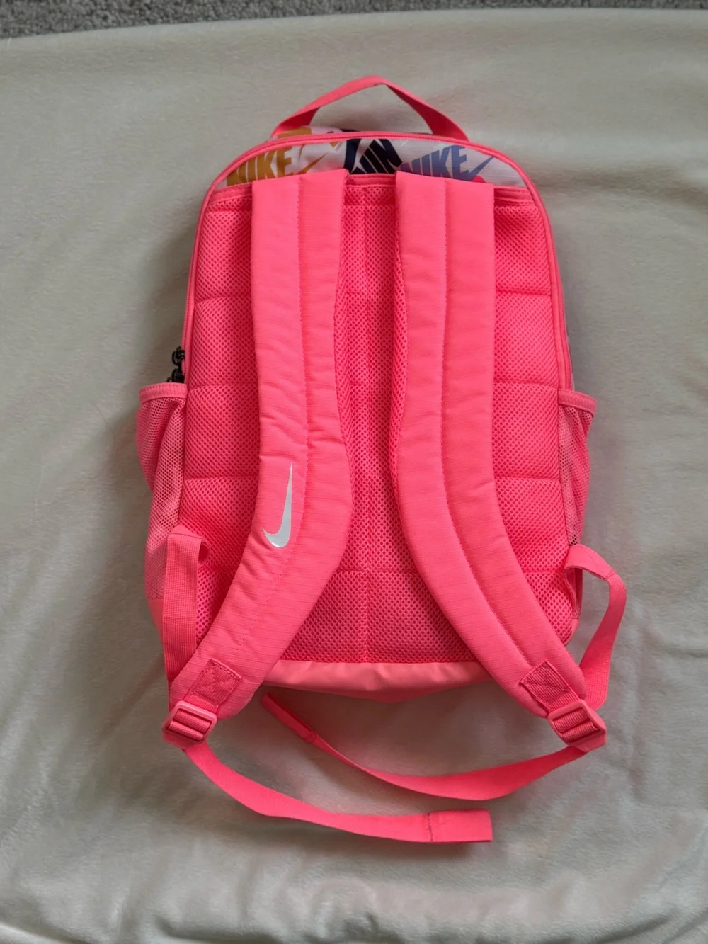 Nike Pink Multi-Logo Kids Backpack with White Swoosh